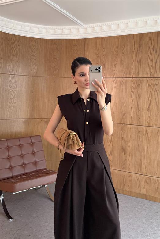 Düğmeli Polo Yaka Kahverengi Bodysuit