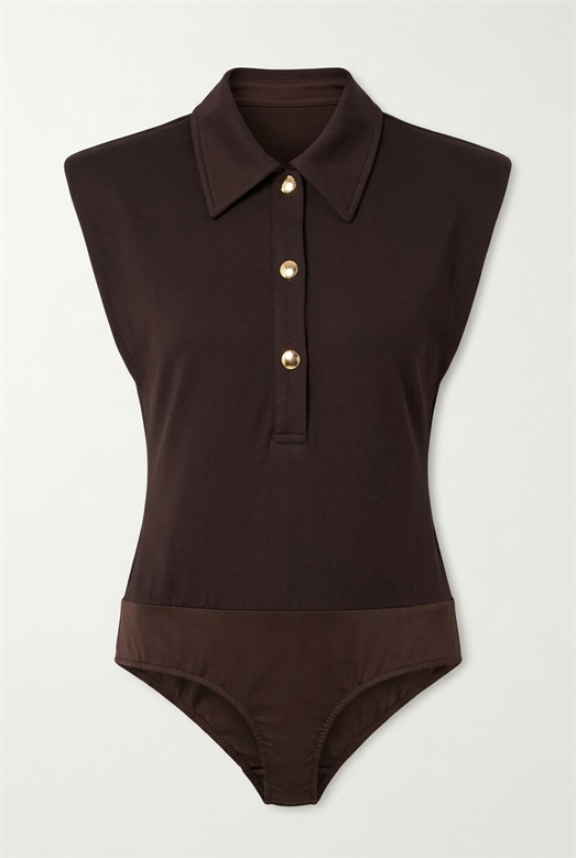 Düğmeli Polo Yaka Kahverengi Bodysuit