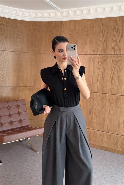 Düğmeli Polo Yaka Siyah Bodysuit