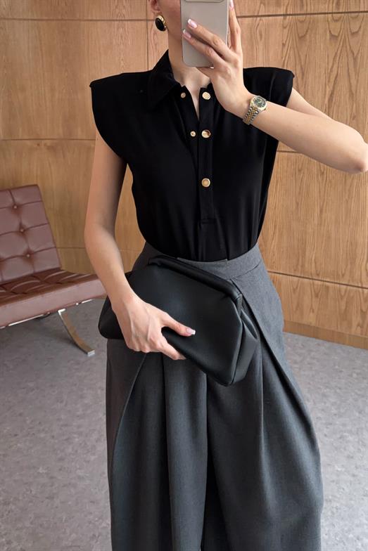 Düğmeli Polo Yaka Siyah Bodysuit