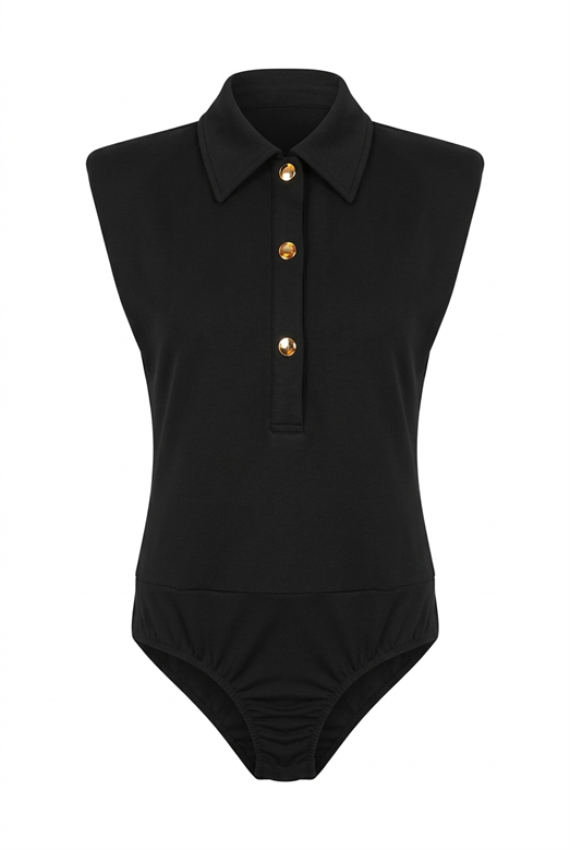 Düğmeli Polo Yaka Siyah Bodysuit