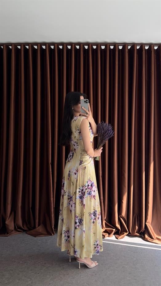 Düğümlü Çiçekli Sarı Elbise