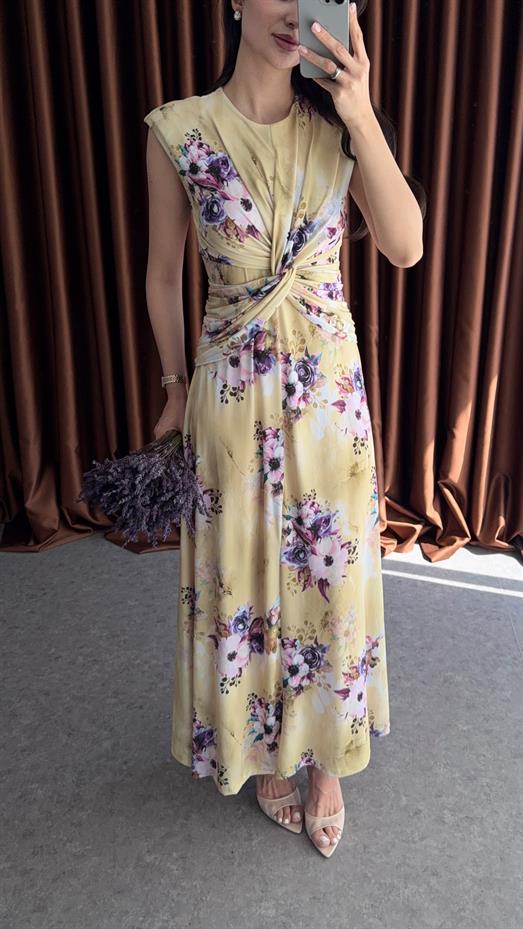 Düğümlü Çiçekli Sarı Elbise