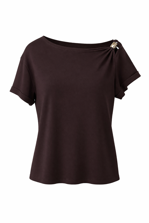 Düşük Omuz Tokalı Basic Acı Kahve Bluz