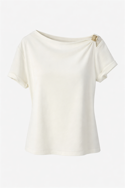 Düşük Omuz Tokalı Basic Beyaz Bluz