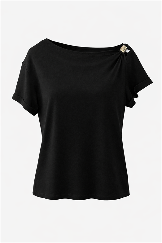 Düşük Omuz Tokalı Basic Siyah Bluz