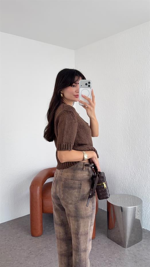 Ekose Baskılı Straight Jean