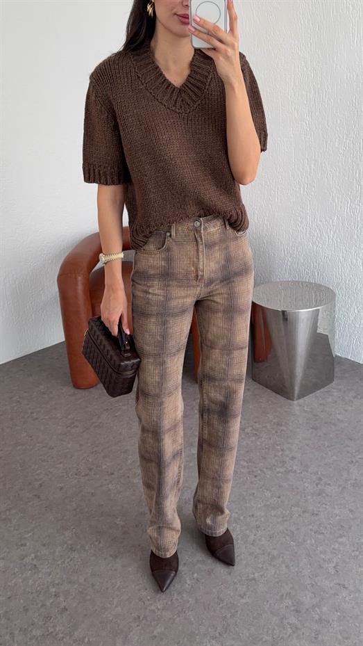 Ekose Baskılı Straight Jean