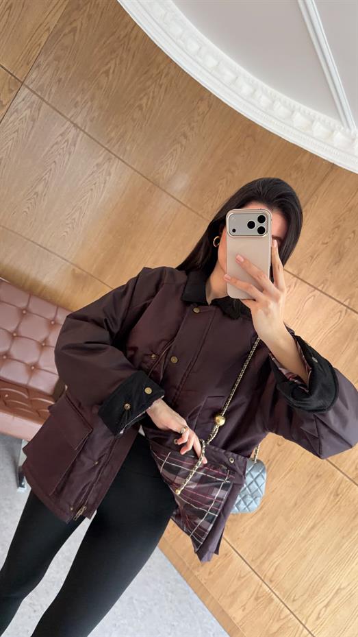 Ekose İç Detaylı Bordo Mumlu Mont