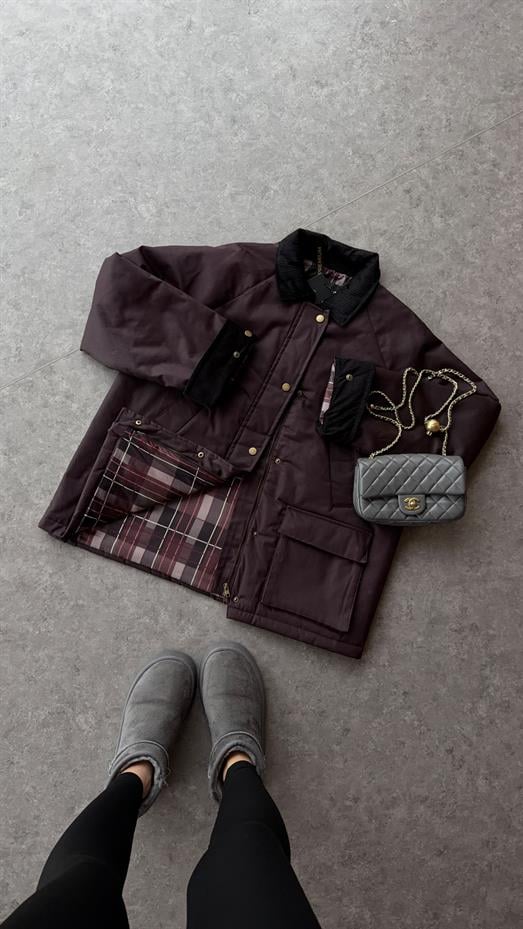 Ekose İç Detaylı Bordo Mumlu Mont