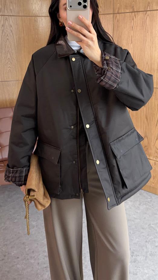 Ekose İç Detaylı Soğuk Haki Mumlu Mont