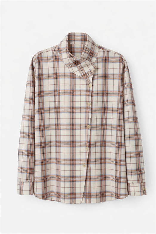 Ekoseli Asimetrik Krem Gömlek