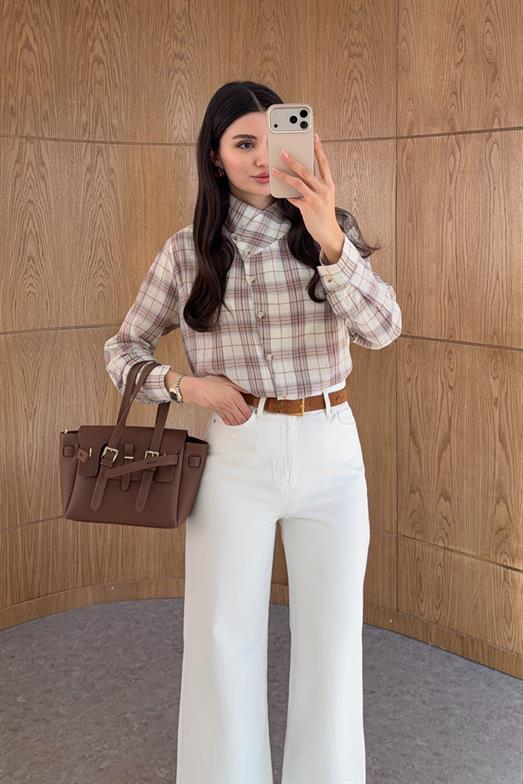 Ekoseli Asimetrik Krem Gömlek