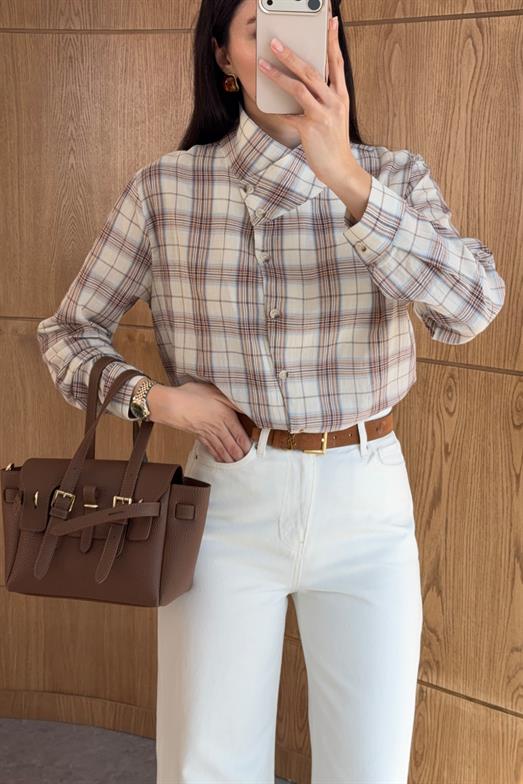 Ekoseli Asimetrik Krem Gömlek