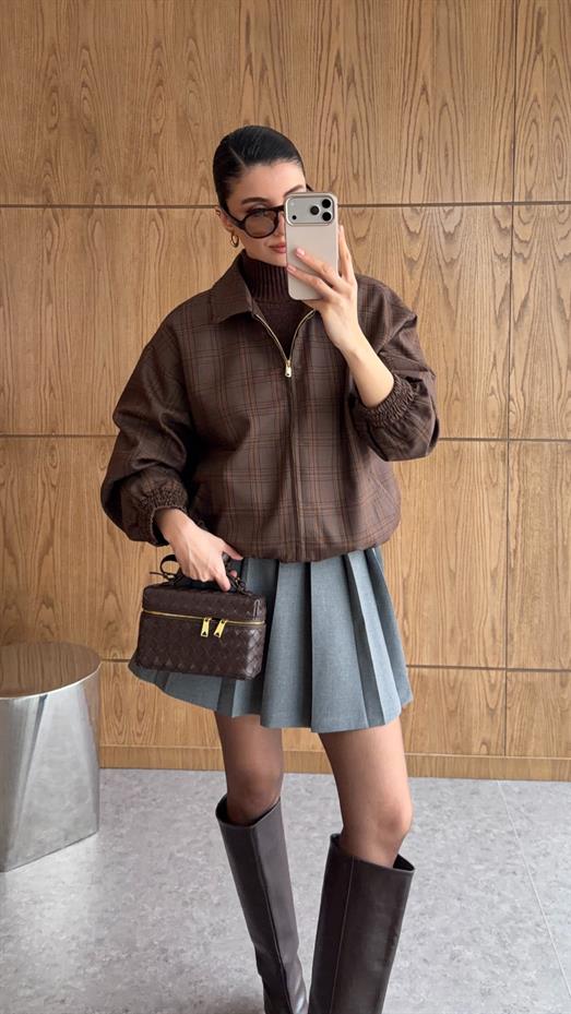 Ekoseli Kahve Bomber Ceket