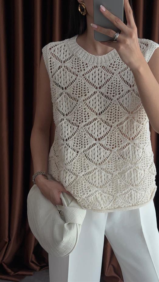 Ekru Ajur Triko Bluz