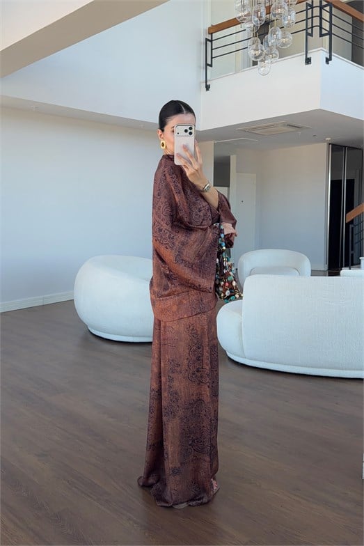 Etnik Desenli Kimono Bluz-Palazzo Pantolon Saten Takım