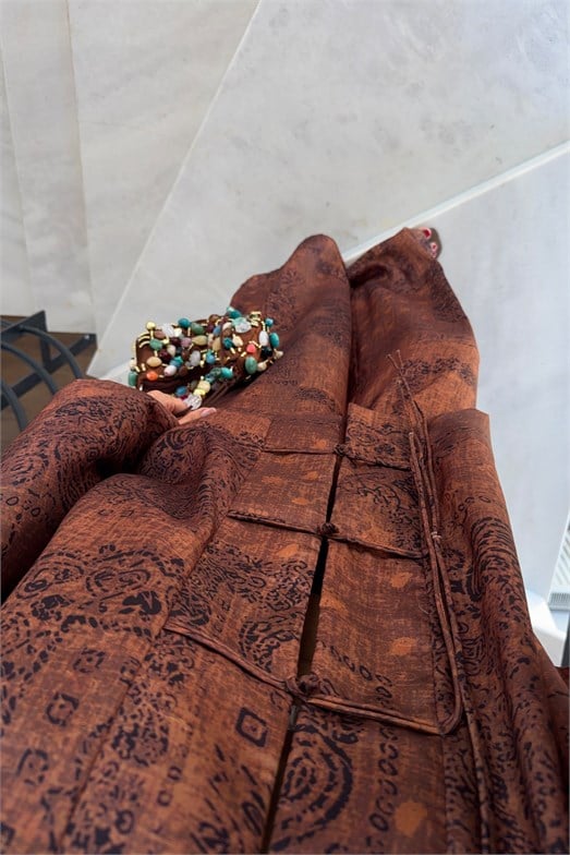 Etnik Desenli Kimono Bluz-Palazzo Pantolon Saten Takım