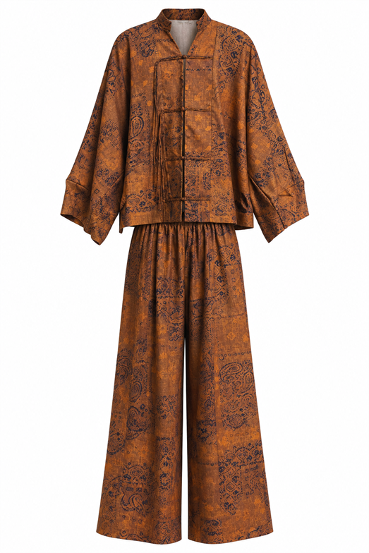 Etnik Desenli Kimono Bluz-Palazzo Pantolon Saten Takım
