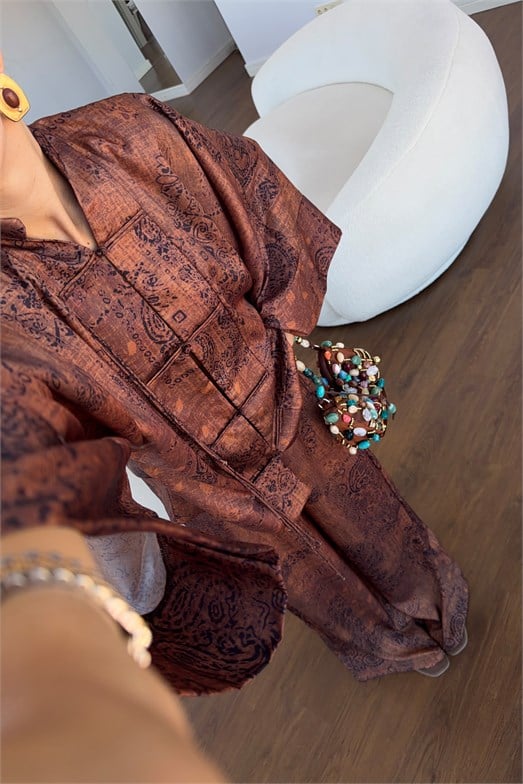 Etnik Desenli Kimono Bluz-Palazzo Pantolon Saten Takım