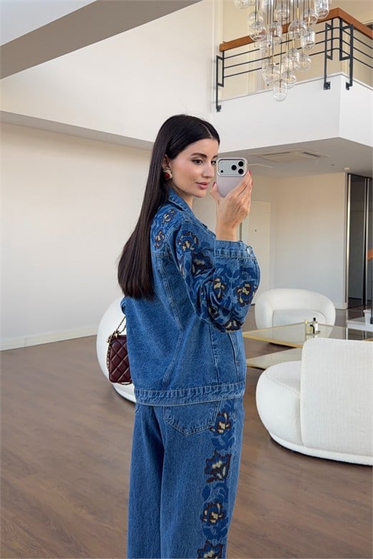 Etnik İşlemeli İkili Denim  Takım