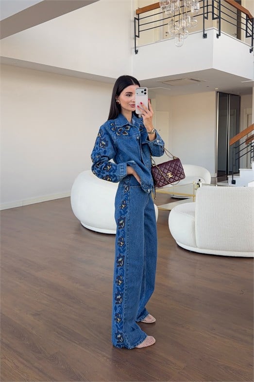 Etnik İşlemeli İkili Denim  Takım