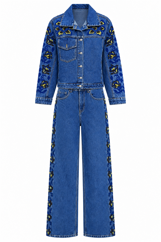 Etnik İşlemeli İkili Denim  Takım