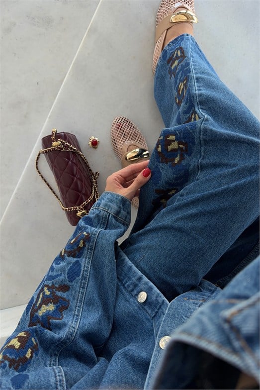 Etnik İşlemeli İkili Denim  Takım