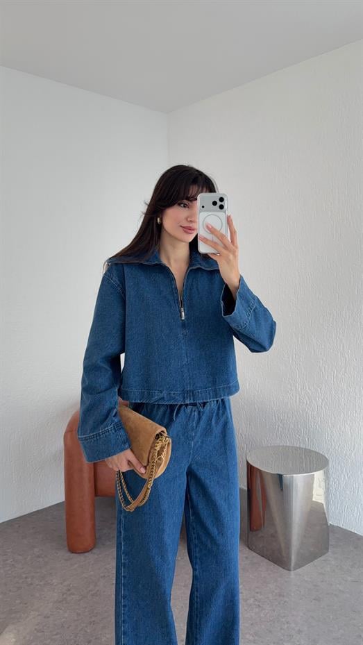 Fermuarlı Denim Bluz