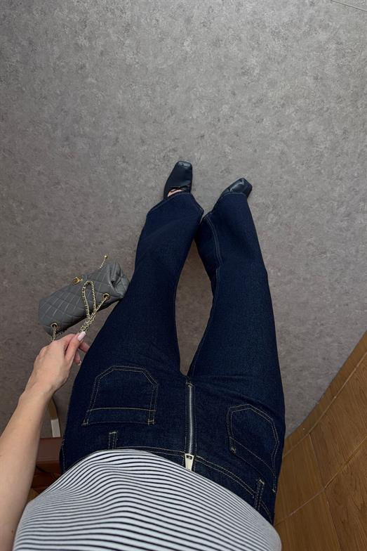 Fermuarlı Koyu Lacivert Jean