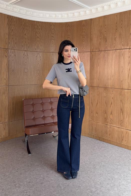 Fermuarlı Koyu Lacivert Jean