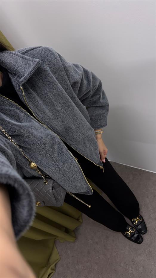 Fermuarlı Teddy Gri Bomber Ceket