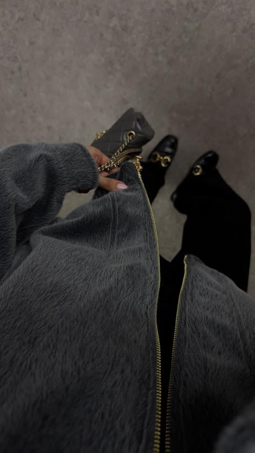 Fermuarlı Teddy Gri Bomber Ceket
