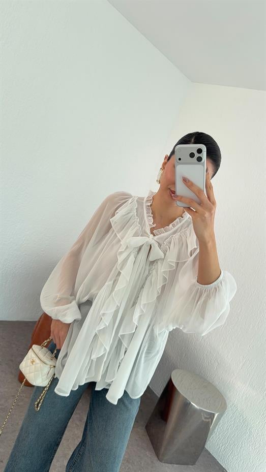 Fırfırlı Beyaz Tül Bluz