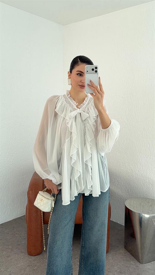 Fırfırlı Beyaz Tül Bluz