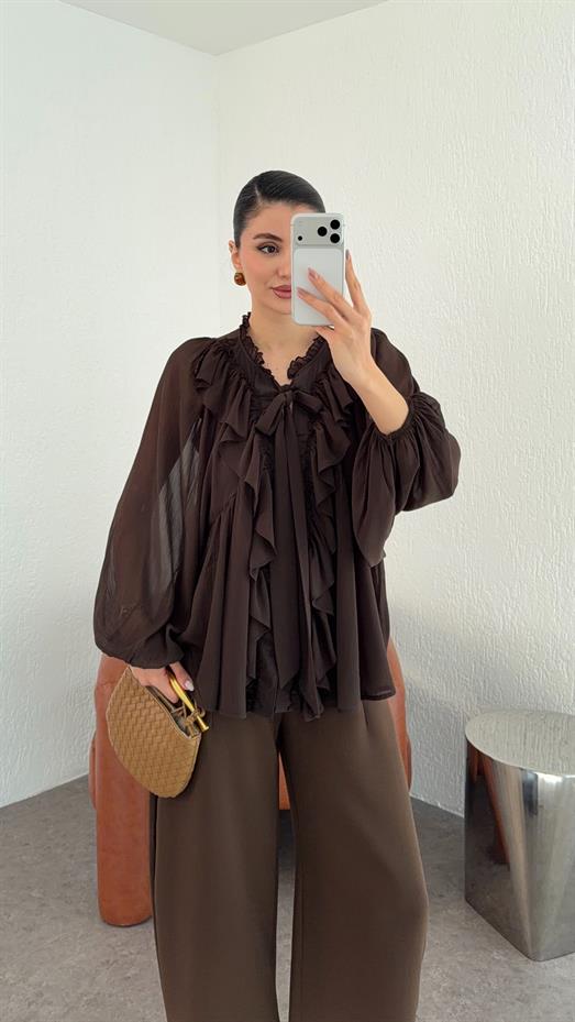 Fırfırlı Kahverengi Tül Bluz