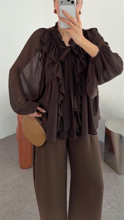 Fırfırlı Kahverengi Tül Bluz
