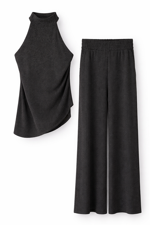 Fitilli Asimetrik Bluz-Geniş Paça Pantolon Antrasit Takım