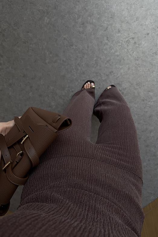 Fitilli Asimetrik Bluz-Geniş Paça Pantolon Kahve Takım