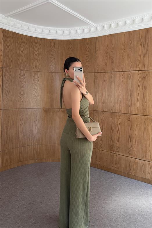 Fitilli Asimetrik Bluz-Geniş Paça Pantolon Haki Takım