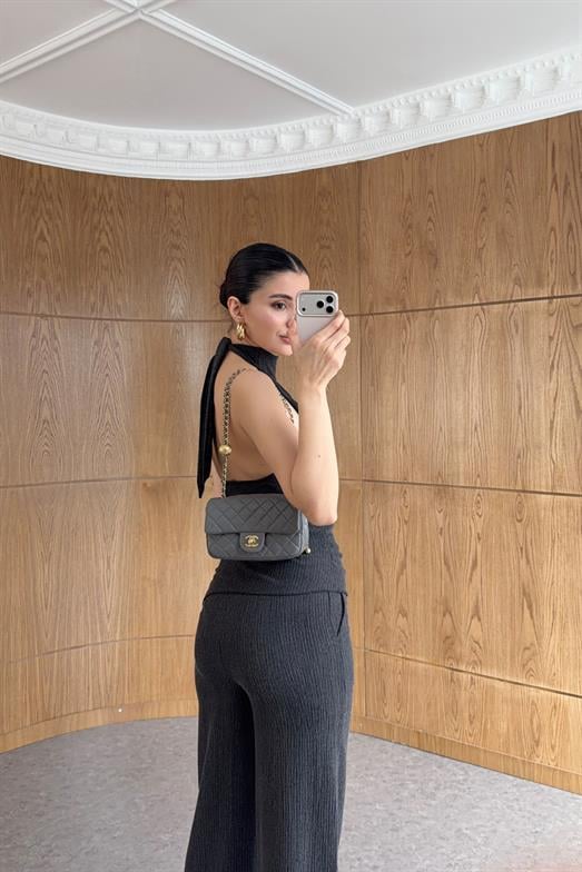 Fitilli Asimetrik Bluz-Geniş Paça Pantolon Antrasit Takım