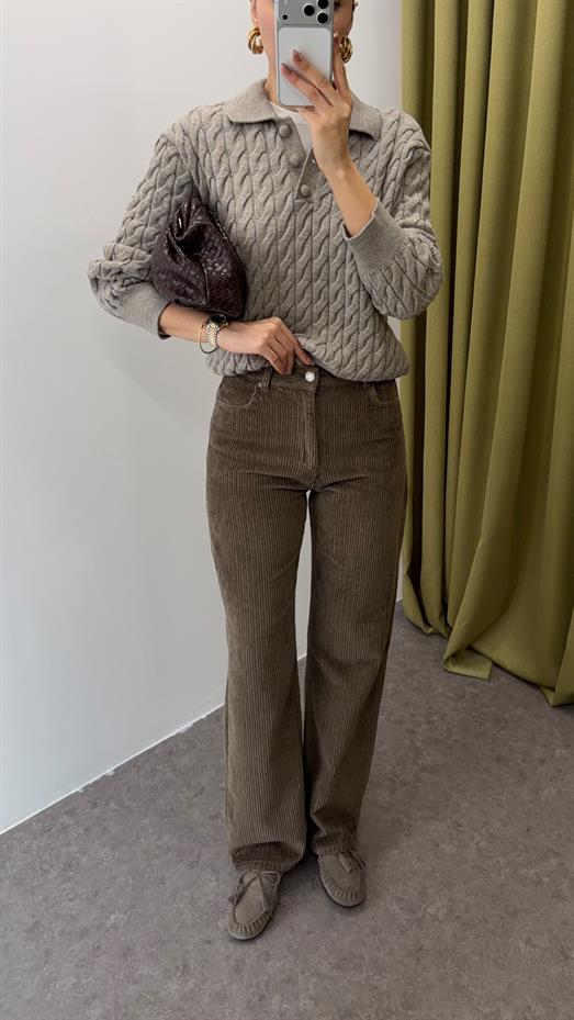 Fitilli Haki Kadife Pantolon