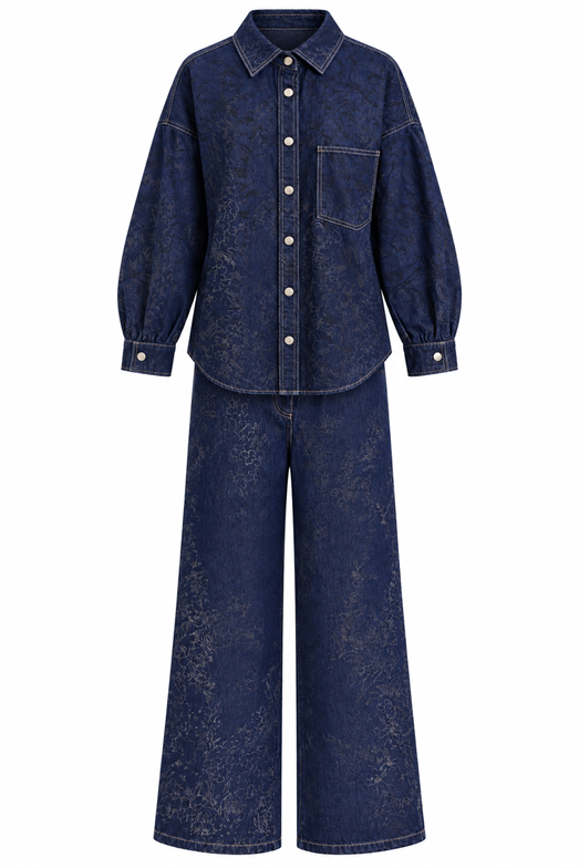 Flok Baskılı Lacivert Gömlek Ceket-Pantolon Denim Takım