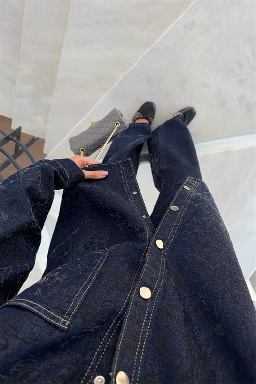 Flok Baskılı Lacivert Gömlek Ceket-Pantolon Denim Takım