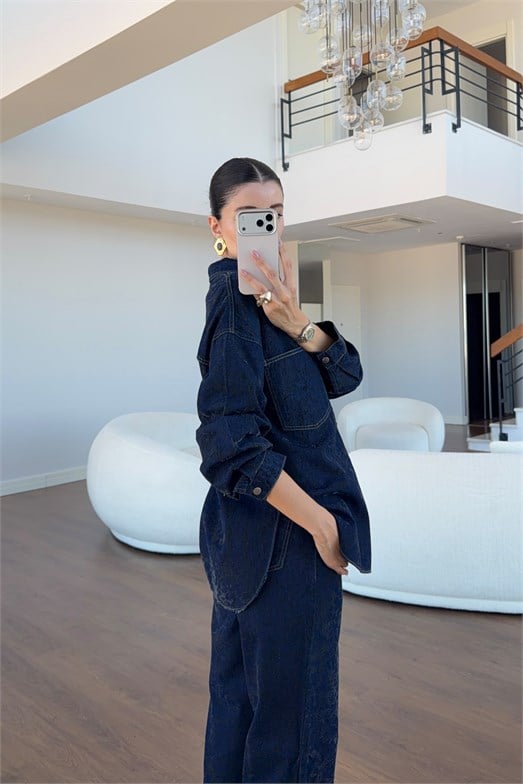 Flok Baskılı Lacivert Gömlek Ceket-Pantolon Denim Takım