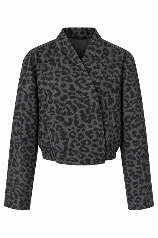 Füme Leopar Desen Kruvaze Denim Ceket