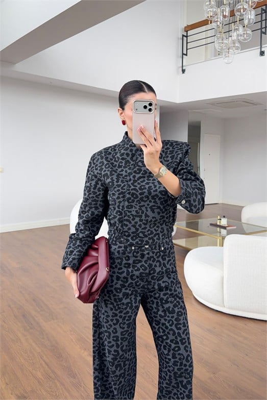 Füme Leopar Desen Kruvaze Denim Ceket