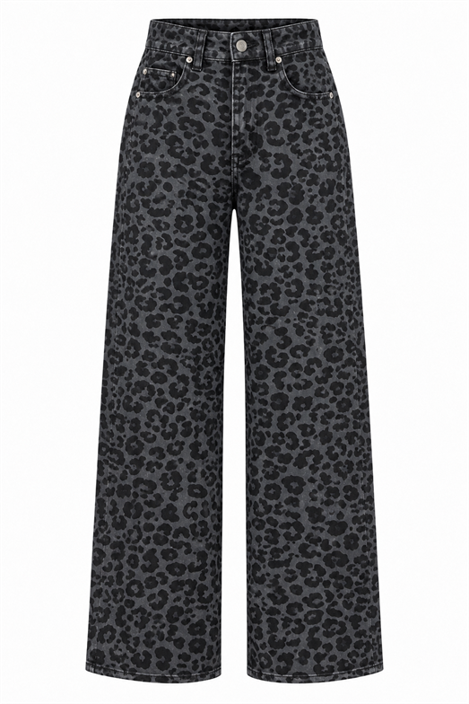Füme Leopar Desen Yüksek Bel Wide Leg Denim