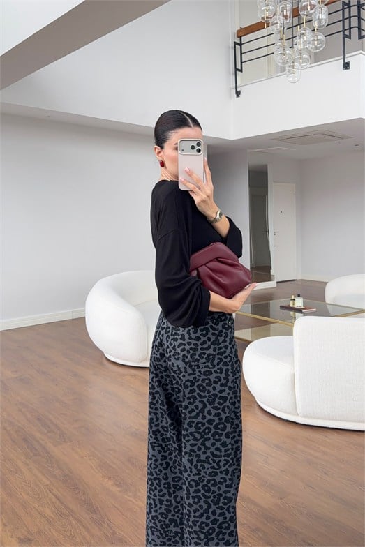 Füme Leopar Desen Yüksek Bel Wide Leg Denim