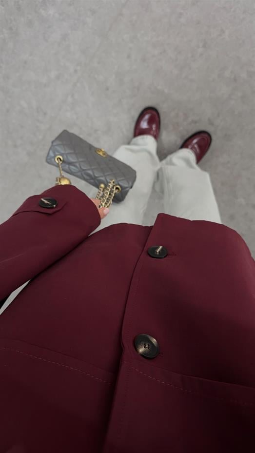 Geniş Yaka Düğmeli Bordo Ceket